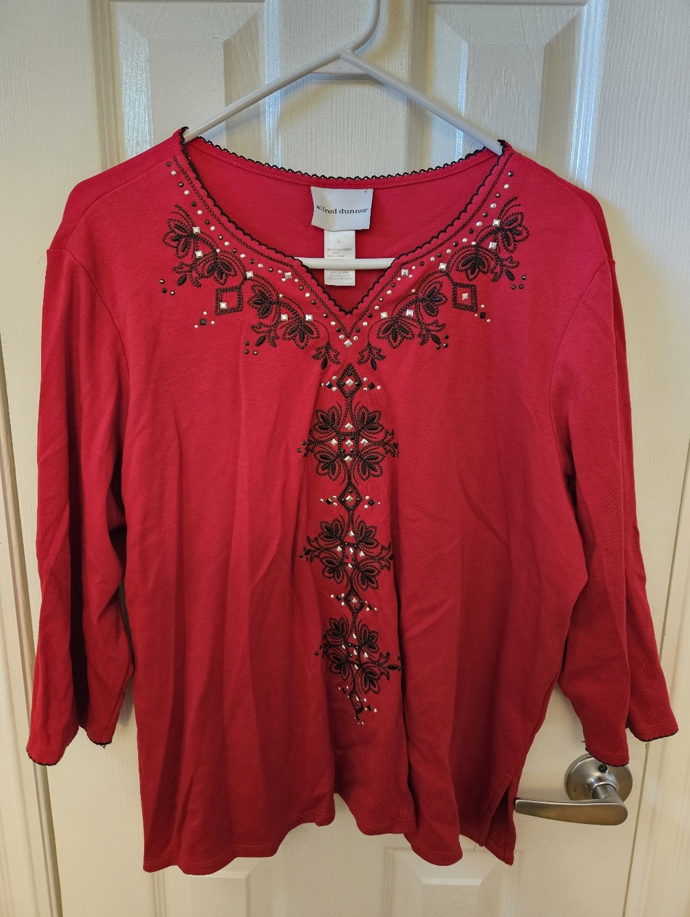 Alfred Dunner L 3/4 Sleeve Red Top with Black Embroidery & Silver/Black Sequins